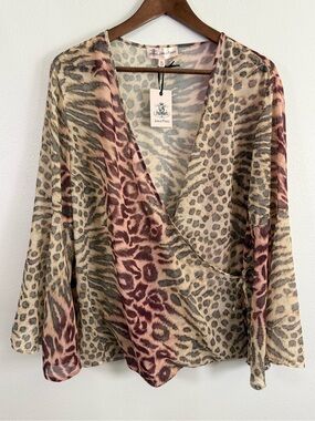 Jorge Perez NWT Animal Print Wrap Blouse XL Leopard Tiger Bell Sleeve